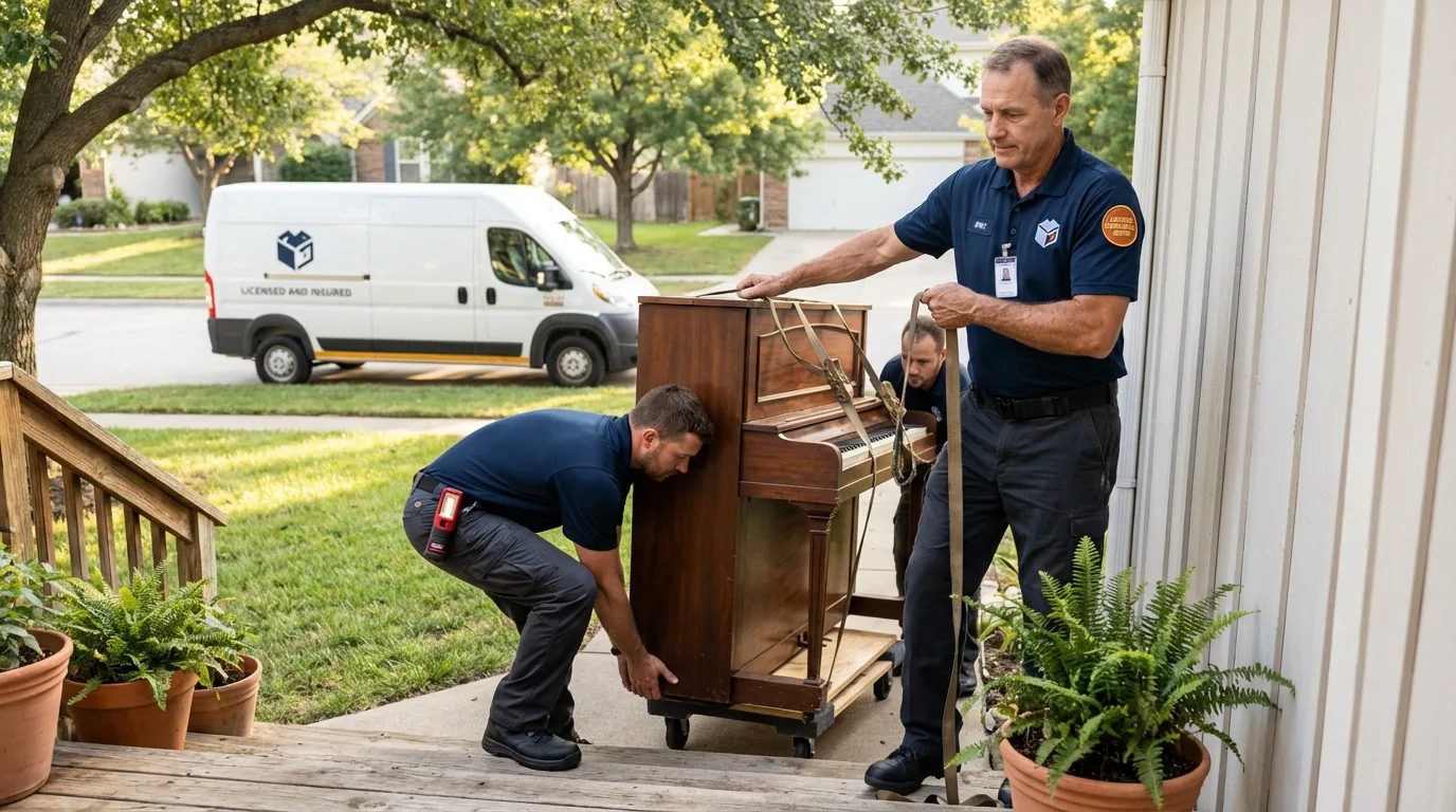 Licensed piano movers securing grand piano in Burgaw, NC
