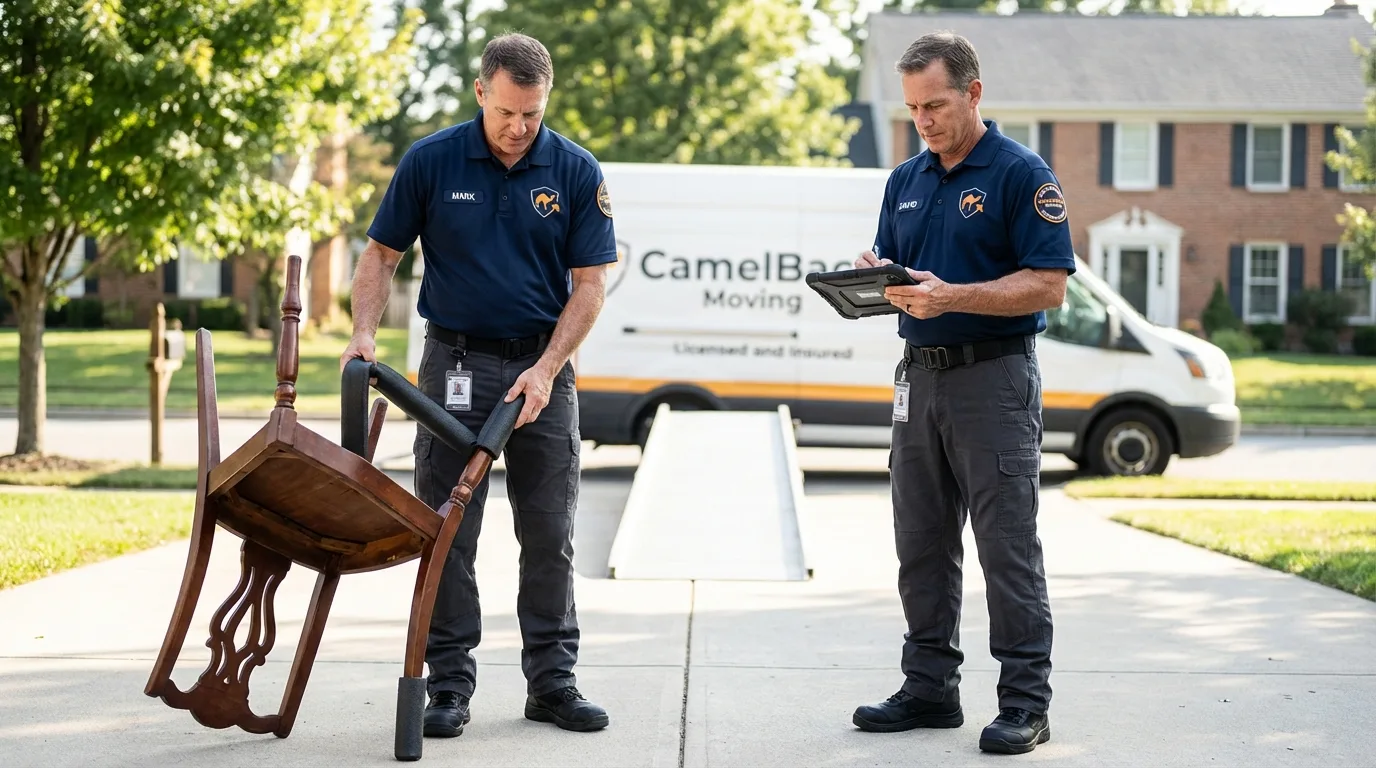 Movers inspecting furniture for damage prevention before loading in Burgaw, NC